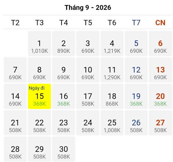Chặng bay Hà Nội đi Đà Lạt tháng 09/2026 ghi nhận mức giá vé hấp dẫn – chỉ 368k