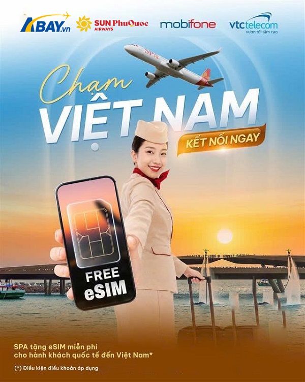 Sun PhuQuoc Airways tặng eSIM 0Đ cho hành khách Quốc tế đến Việt Nam