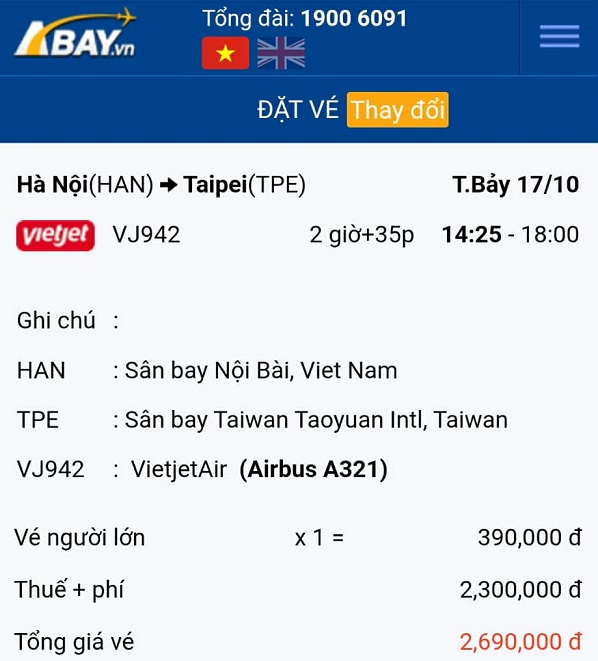 Bay Hà Nội – Đài Bắc tháng 10/2026 với giá vé chỉ 390k