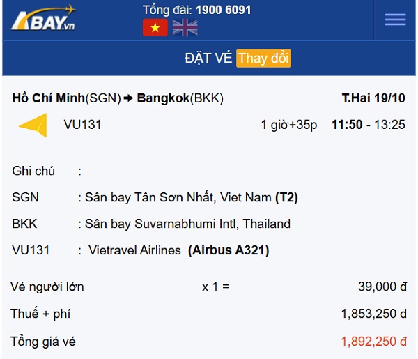 Bay thẳng Tp Hồ Chí Minh – Bangkok (Thái Lan) tháng 10 giá vé chỉ từ 39k: Book ngay kẻo hết!