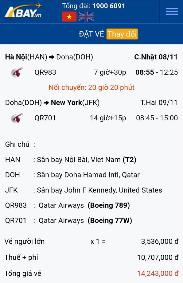Cập nhật giá vé tốt nhất chặng Hà Nội – New York vào tháng 11/2026
