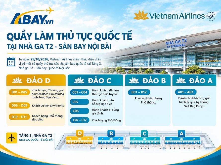 Vietnam Airlines điều chỉnh quầy làm thủ tục quốc tế tại nhà ga T2 sân bay Nội Bài